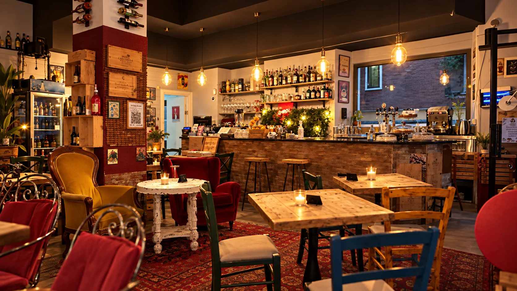 La zona bar con luci soffuse, sedute e tavolini