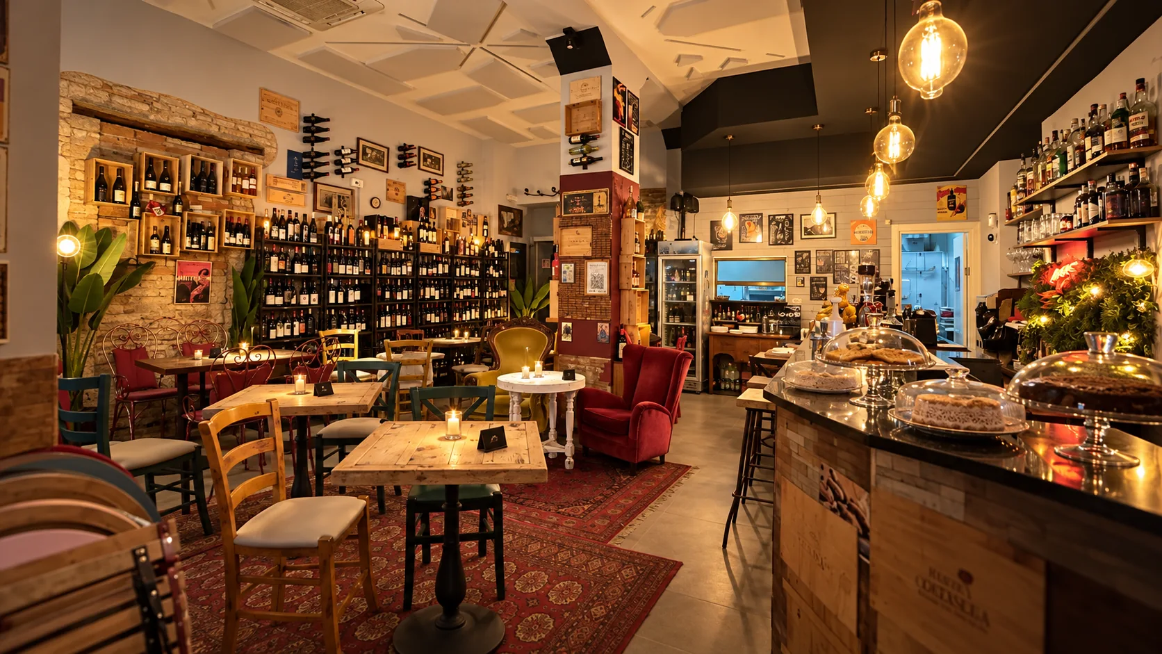 Sala del CorVino Bistrot con tavoli, luci calde e selezione di vini